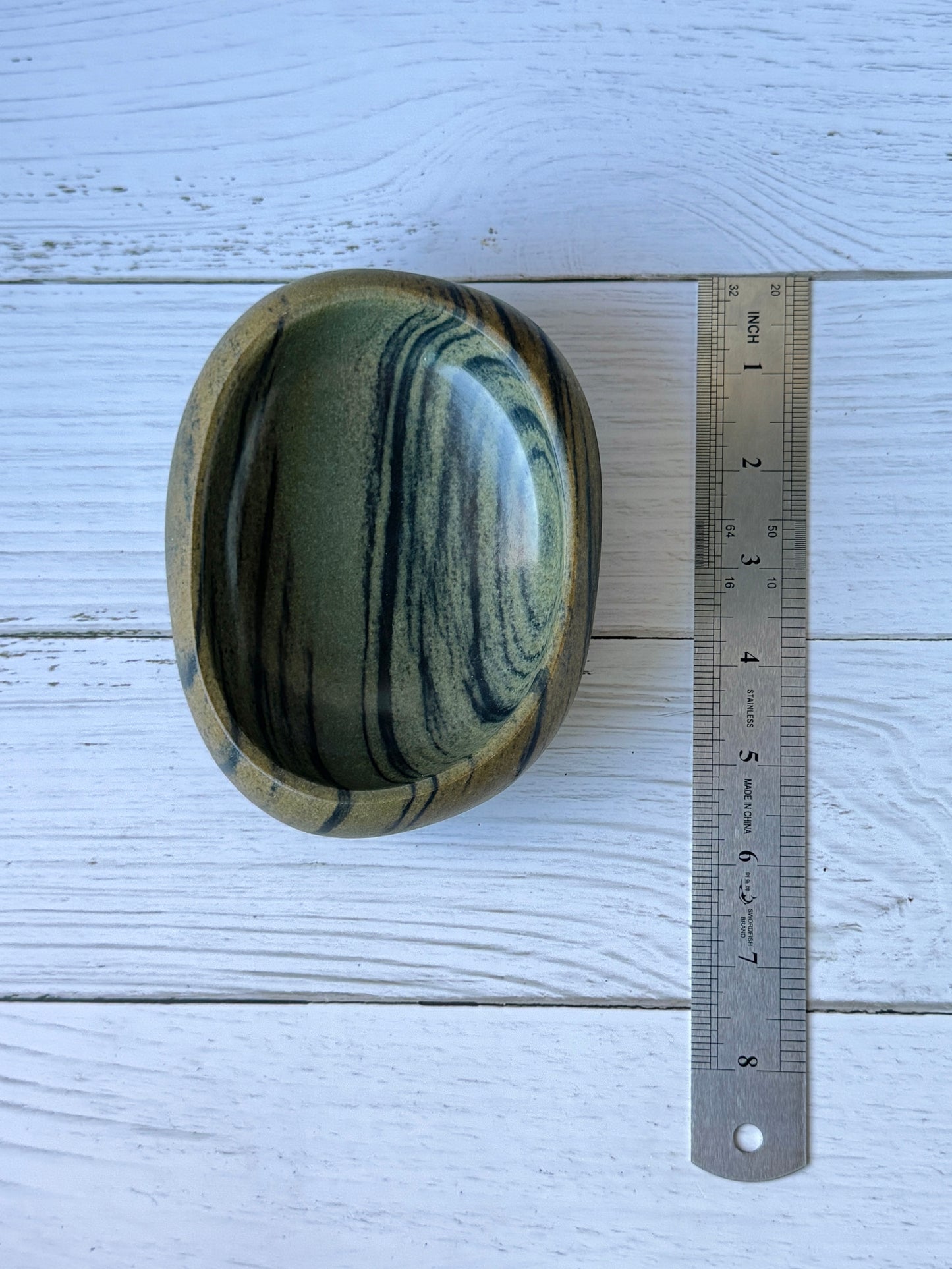 "Verdant Whorls" - Handcrafted stone bowl | Riverstone dish | Rock plate | Jewelry Dish | Serving tray | Catch-all | Trinket tray | Bird feeder