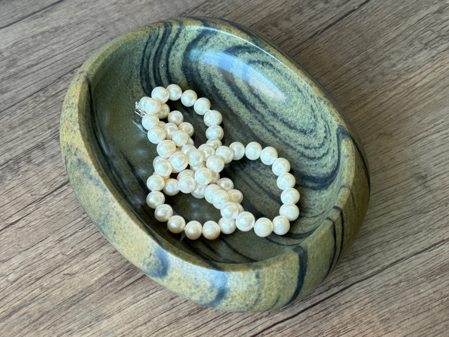 "Verdant Whorls" - Handcrafted stone bowl | Riverstone dish | Rock plate | Jewelry Dish | Serving tray | Catch-all | Trinket tray | Bird feeder